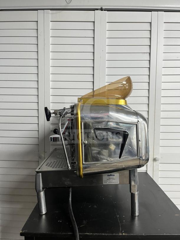 FAEMA E61 Legend S/2 semi-automatic espresso machine, excellent condition, gold and chrome design, side view, 28 inches.
