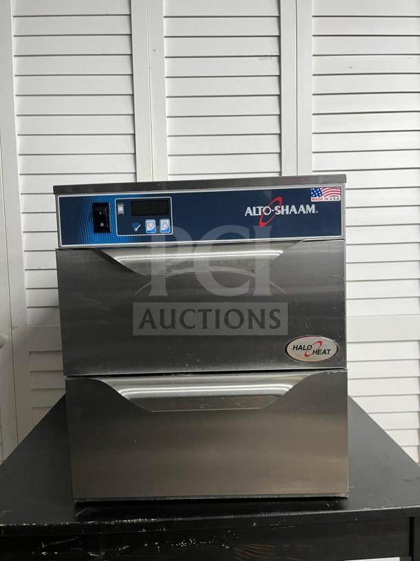 Alto-Shaam 500-2DN Halo Heat two-drawer warming unit, stainless steel, excellent condition, "Made in U.S.A." label visible.