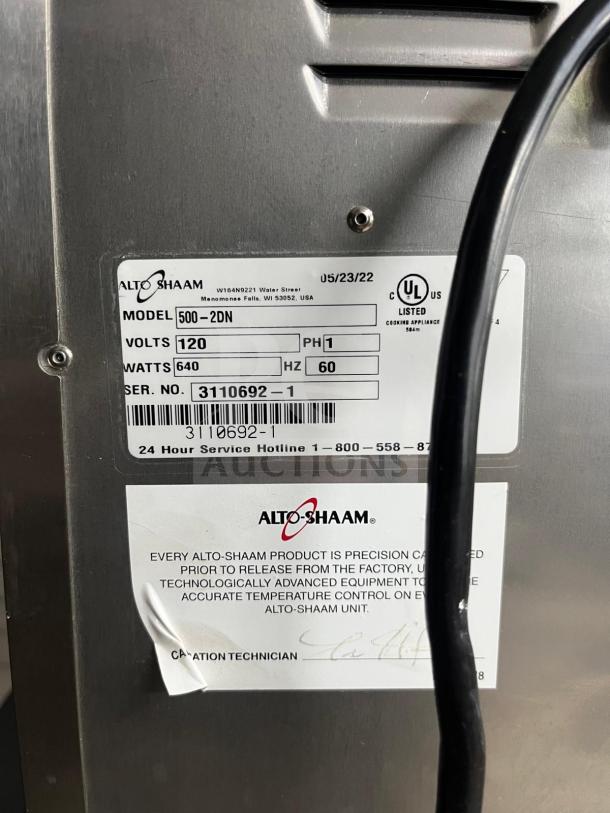 Alto-Shaam 500-2DN Halo Heat warming drawer back panel with model and serial number labels.