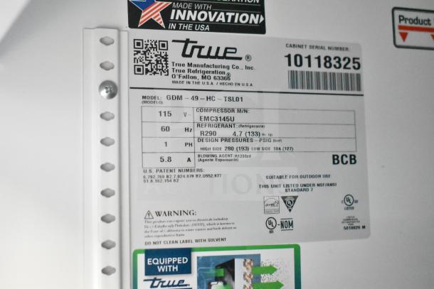 2021 True GDM-49-HC commercial 2-door cooler label, 115/208-230V, 1 phase, refrigerant R290, serial no. 10118325.
