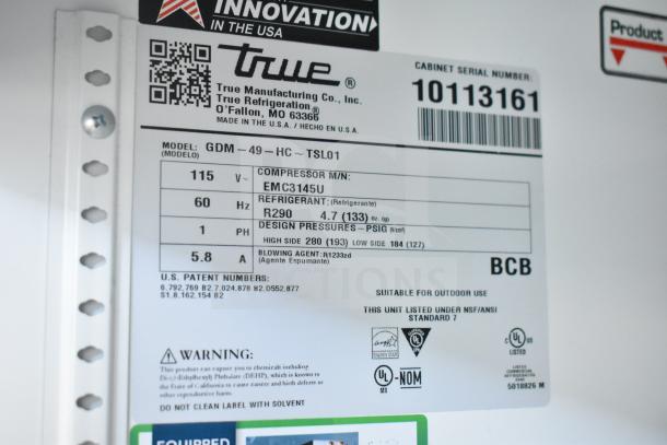 2021 True GDM-49-HC Cooler label showing model, 115V, R290 refrigerant, and compliance markings.