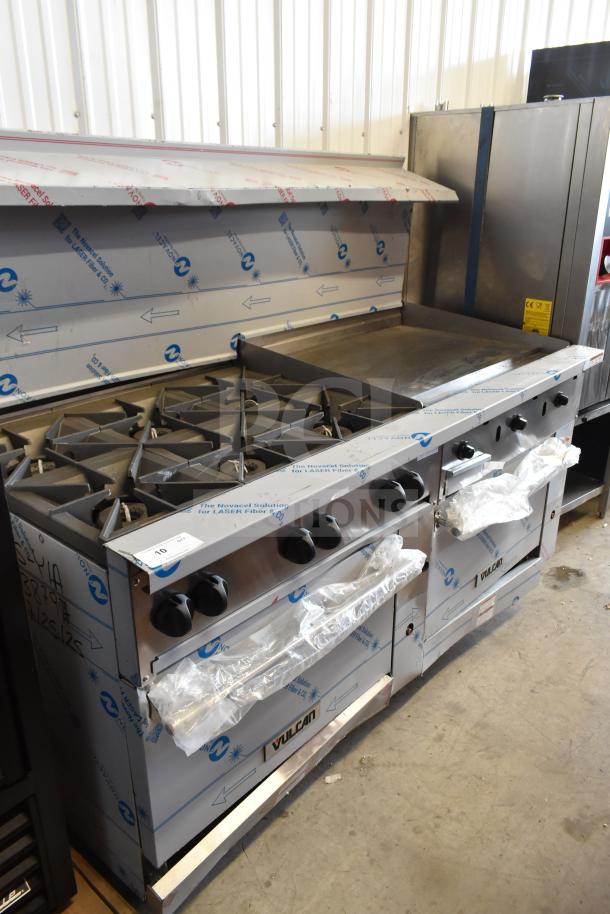 Brand new Vulcan 72SS-6B36GTN range, 6 burners, 36" griddle, 2 ovens, natural gas, 310,000 BTU, protective packaging.