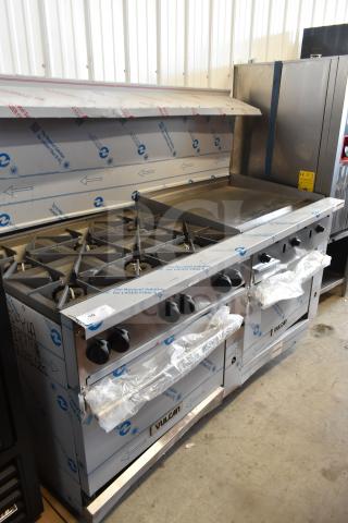 Brand new Vulcan 72SS-6B36GTN range, 6 burners, 36" griddle, 2 ovens, natural gas, 310,000 BTU, protective packaging.
