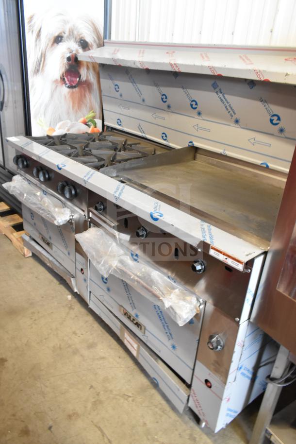Brand new Vulcan 72SS-6B36GTN 6 burner range, 72" width, 36" griddle, 2 ovens, 310,000 BTU, scratch and dent, protective wrap.