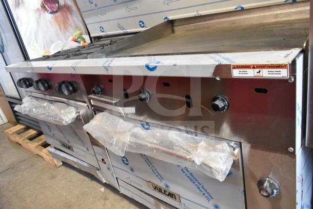 Brand new Vulcan 72SS-6B36GTN range, 6 burners, 36" griddle, 2 ovens, 310,000 BTU, scratch and dent, wrapped handles.