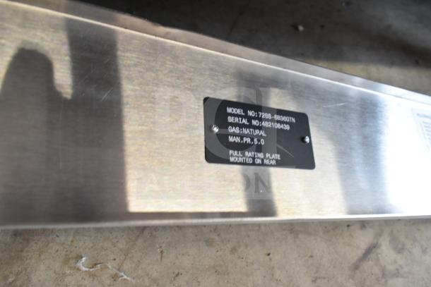 "Vulcan 72SS-6B36GTN range rating plate showing model, serial number, natural gas type, and manufacturing pressure."