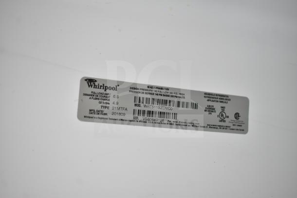 2018 Whirlpool WRT511SZDM00 reach-in cooler with freezer, label shown with model, 115V, 1 Phase, serial VS83649125.
