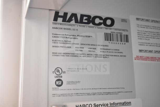 2019 Habco SE18 Commercial Single Door Reach In Cooler label showing model, electrical rating, and certification marks.