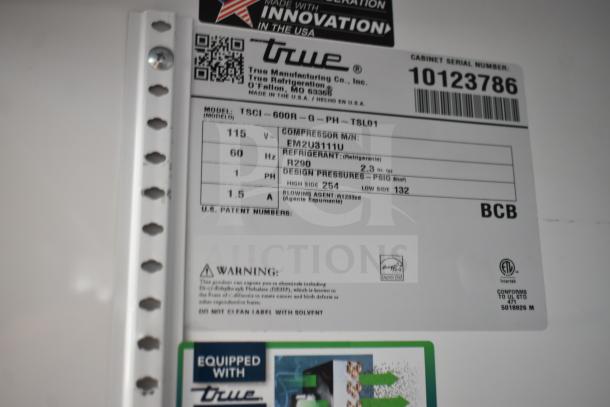 Label on 2021 True TSCI-600R-G-PH cooler; 115V, 1 Phase, R290 refrigerant, serial number 10123786, Energy Star certified.