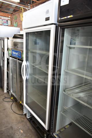 2021 True TSCI-600R-G-PH single door cooler, glass front, white exterior, metal shelving, 115V, 1-phase, excellent condition.