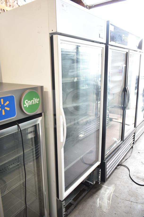 2021 True TSCI-600R-G-PH commercial single-door cooler, reach-in, glass door, 115V, used condition, visible interior shelving.