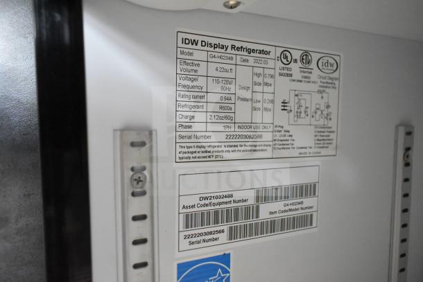 IDW G4-H0234B Single Door Reach In Cooler label, displaying model, voltage, refrigerant details, and serial number.