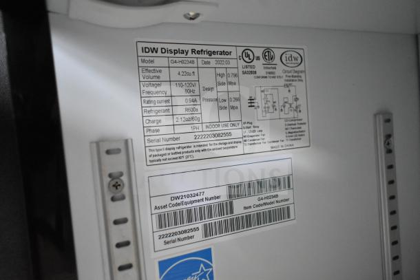 IDW G4-H0234B cooler label detailing model, voltage, refrigerant, and serial number for auction item description.