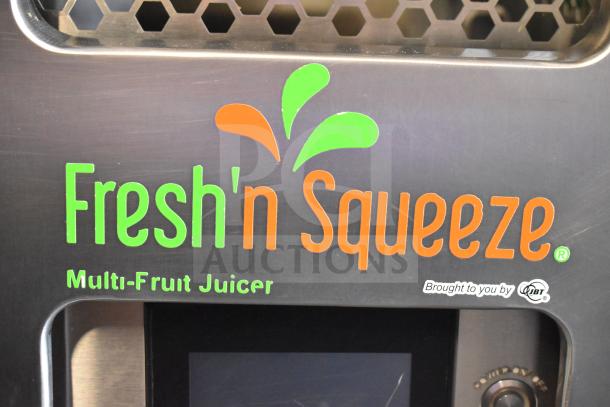 LATE MODEL JBT 2ND-GEN-MFJ-HE Fresh N Squeeze juicer, commercial floor style, 115V, 1 Phase, with vibrant branding.