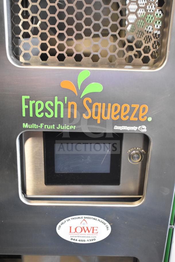 LATE MODEL JBT 2ND-GEN-MFJ-HE Fresh N Squeeze Citrus Juicer, commercial floor style, on casters, 115V, 1-phase, logo visible.