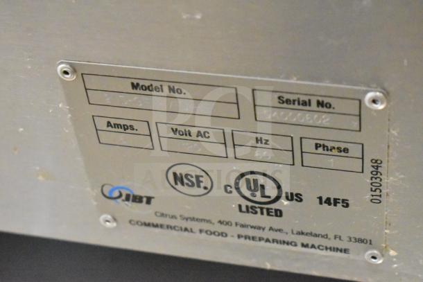 JBT 2nd-Gen-MFJ-HE citrus juicer label showing model, serial numbers, 115 volts, 1 phase, NSF and UL listed.