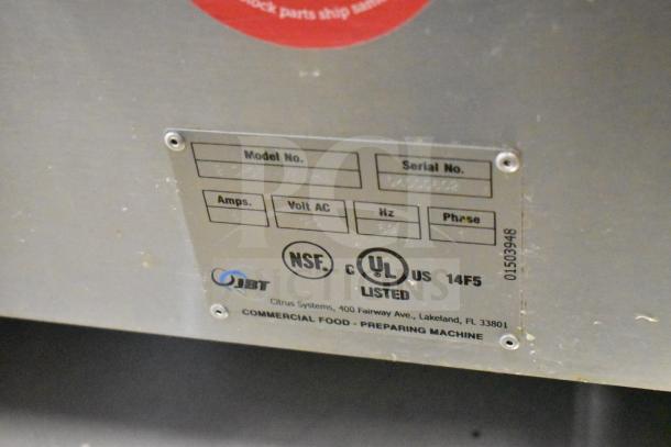JBT 2ND-GEN-MFJ-HE Citrus Juicer label detailing model, serial, voltage, NSF and UL listings on stainless steel.