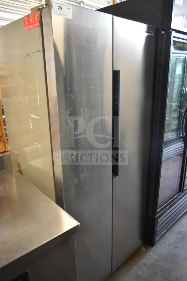 Hamilton Beach HBF1558 fridge, 15.6 cu ft, counter depth, stainless steel, minor surface wear. Tag shows power info.