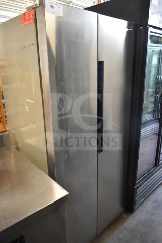 Hamilton Beach HBF1558 fridge, 15.6 cu ft, counter depth, stainless steel, minor surface wear. Tag shows power info.