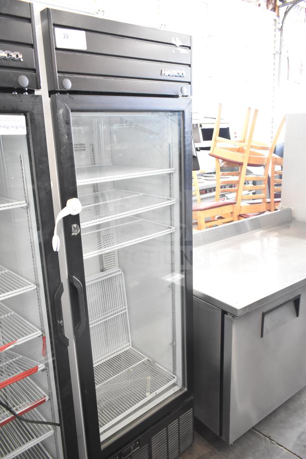 2019 Habco SE18 single door reach-in cooler, glass front, stainless interior, 115V, commercial use. Visible shelving and label.
