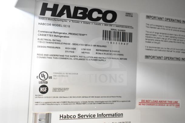 2019 Habco SE18 cooler label showing model, serial number 19051943, and electrical specs: 115V, single-phase.