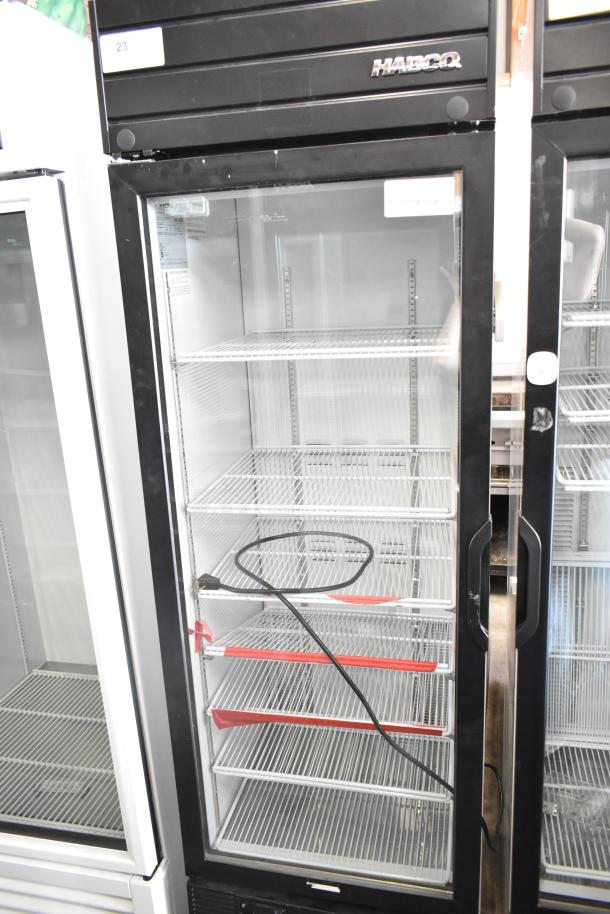 2019 Habco SE18 single door reach-in cooler merchandiser, black frame, with shelves, 115 volts, excellent condition.