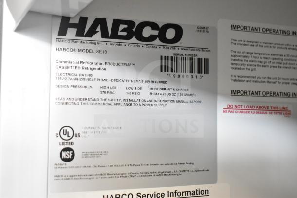 2019 Habco SE18 Commercial Cooler, single door, 115V, 1 phase. Label shows model, specs, UL and NSF listed.