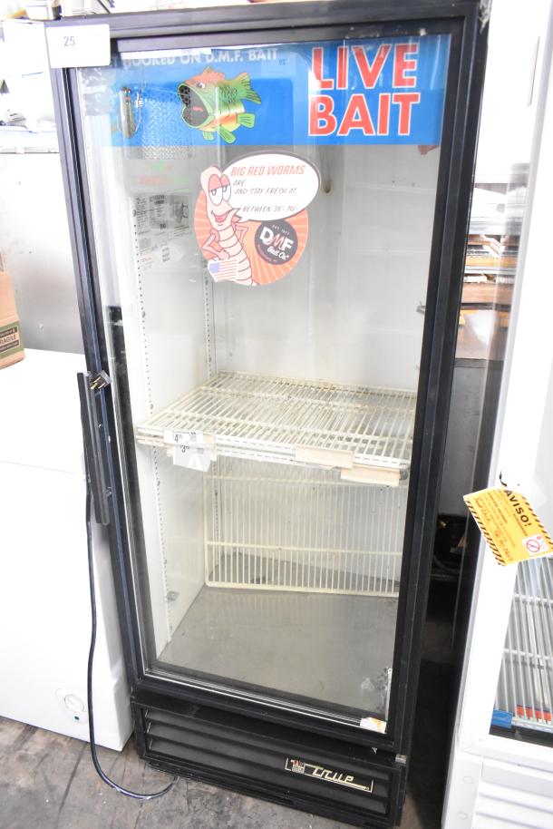 True GDM-12 commercial single door cooler with glass front, 115V, 1 Phase, good condition, branded "Live Bait."