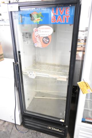 True GDM-12 commercial single door cooler with glass front, 115V, 1 Phase, good condition, branded "Live Bait."