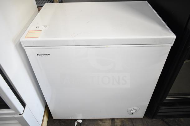 Hisense WFC070MSRWD chest freezer, white, 115 volts, 1 phase. Visible control knob. Used condition with minor surface marks.