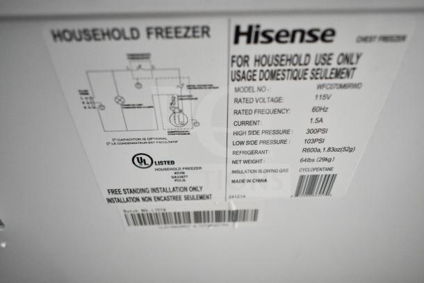 Hisense WFC070MSRWD chest freezer, 115V, 1 phase, UL listed label. Made in China, refrigerant R600a, net weight 64lbs.
