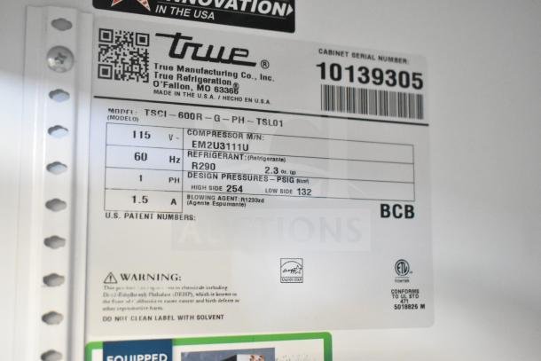 2021 True TSCI-600R-G-PH cooler, single door, 115V, 1 phase, model label and Energy Star-certified, commercial use.