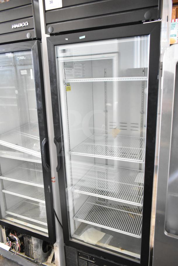 2019 Habco SE18 commercial single door reach-in cooler merchandiser, 115 volts, 1 phase, featuring a clear glass door and adjustable shelves.