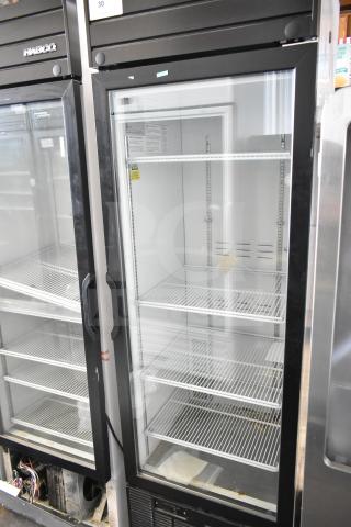 2019 Habco SE18 commercial single door reach-in cooler merchandiser, 115 volts, 1 phase, featuring a clear glass door and adjustable shelves.