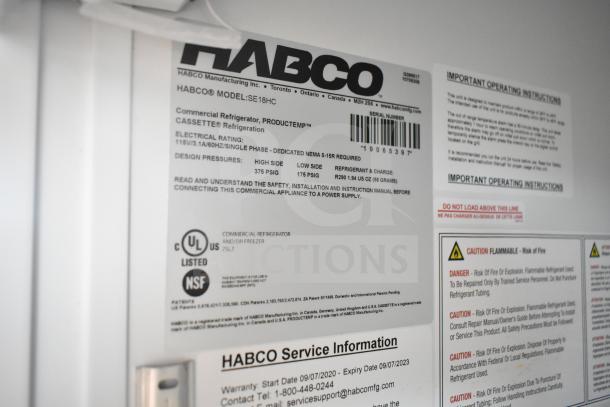 2019 Habco SE18 Commercial Single Door Cooler, 115V, 1 Phase. UL and NSF listed. Safety and operation labels visible.