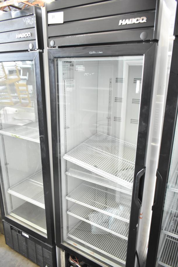 2019 Habco SE18 single door cooler, commercial reach-in, 115 volts, 1 phase, glass front, several wire shelves, excellent condition.