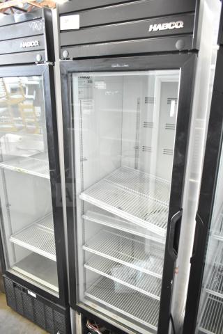 2019 Habco SE18 single door cooler, commercial reach-in, 115 volts, 1 phase, glass front, several wire shelves, excellent condition.