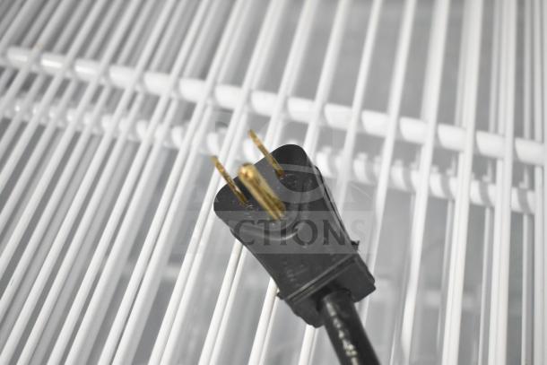 2019 Habco SE18 commercial cooler power plug, 115 volts, 1 phase, on wire rack shelf background.