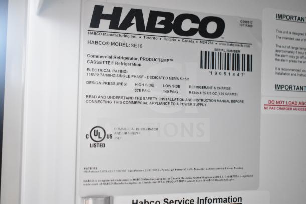 2019 Habco SE18 Commercial Single Door Cooler, 115 Volts, 1 Phase. Model SE18 label with specs: electrical rating, design pressures.