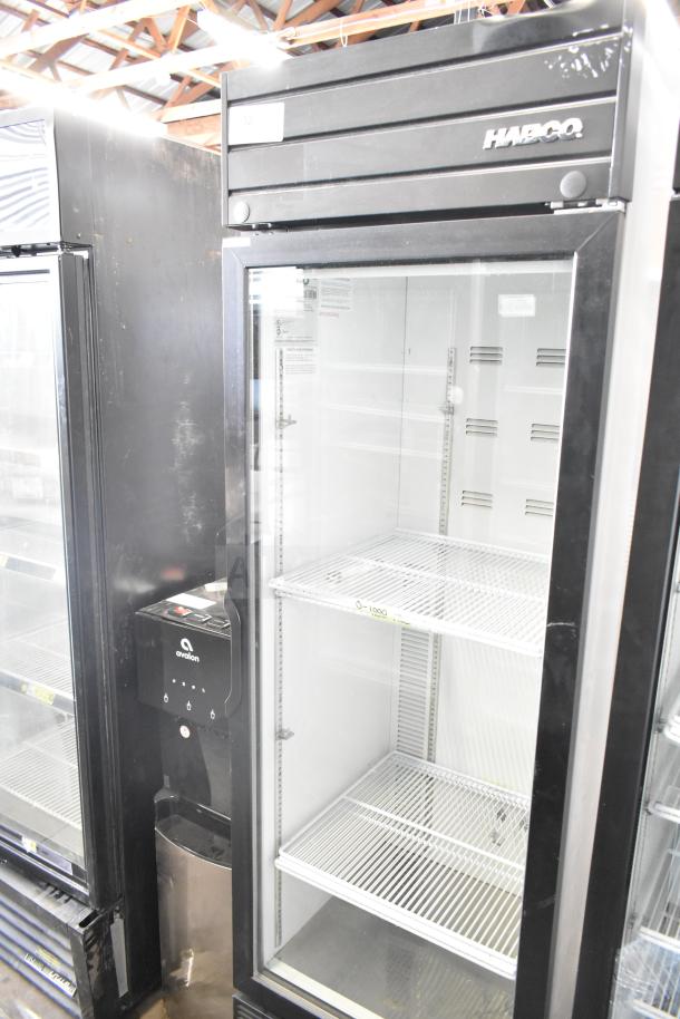 2019 Habco SE18 single door cooler, commercial use, black finish, glass door, shelving, 115V, 1 phase, excellent condition.