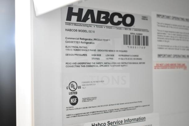 2019 Habco SE18 commercial cooler tag, 115 volts, 1 phase, UL listed, NSF certified, model details and specifications visible.