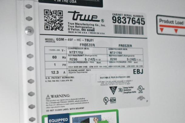 2019 True GDM-49F-HC Commercial Freezer label showing model, voltage, refrigerant type, and serial number.