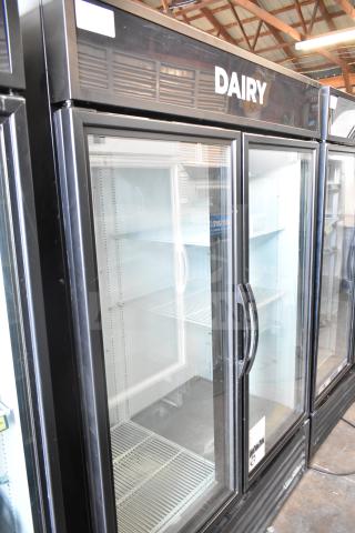 2019 True GDM-49-HC 2 Door Reach-In Freezer Merchandiser, 115 Volts, 1 Phase, clean interior, glass doors, "Dairy" signage.