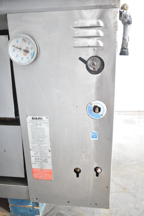 Bari M354 commercial natural gas pizza oven, stainless steel, single deck, visible gauge, knobs, manufacturer label.