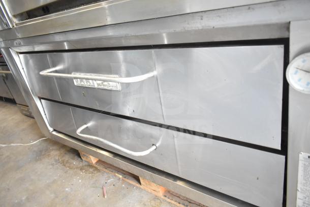 2 Bari M354 commercial natural gas single deck pizza ovens, stainless steel, visible brand label, good condition.