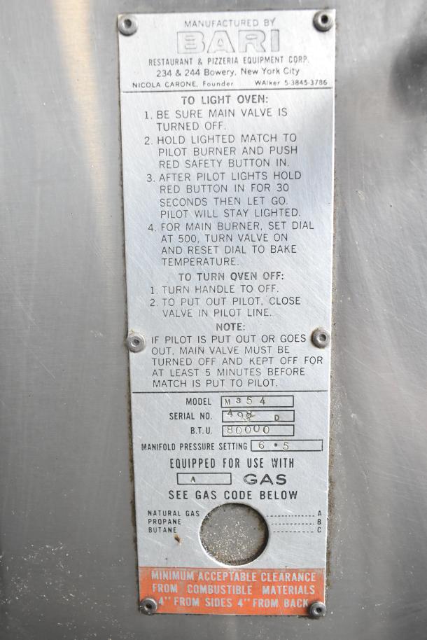 Bari M354 commercial natural gas single deck pizza oven label, model M354, 80,000 BTU, manifold pressure setting 6.5.