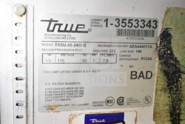 True TSSU-60-24M-B label; commercial sandwich prep table, 115V, 1 phase, NSF-listed, serial 1-3553343, refrigerant R134A.