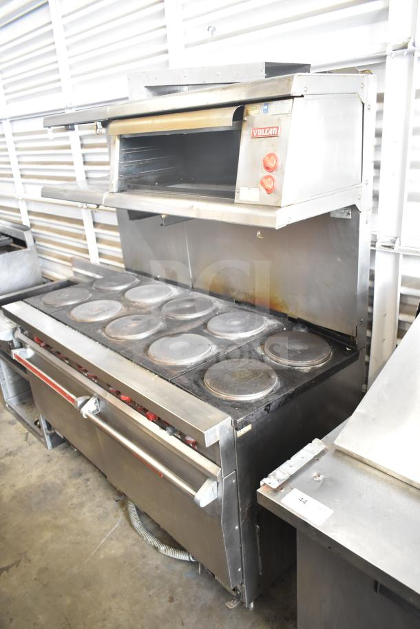 Vulcan ESB60 electric 10-burner range with 2 ovens, salamander melter, 208 volts, 3 phase, stainless steel, used condition.