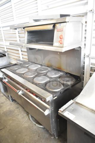 Vulcan ESB60 electric 10-burner range with 2 ovens, salamander melter, 208 volts, 3 phase, stainless steel, used condition.