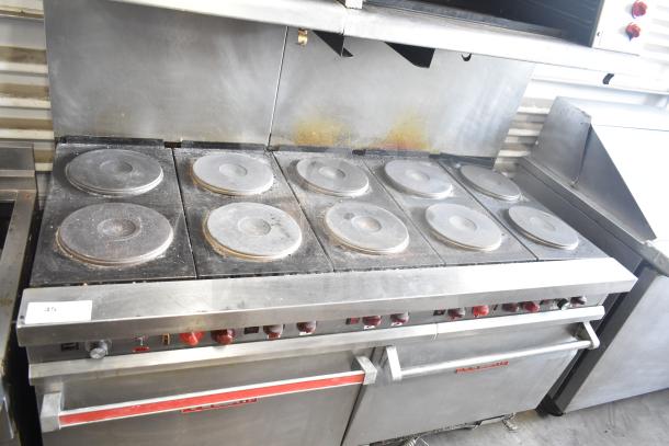 Vulcan ESB60 commercial electric 10-burner range with 2 ovens, salamander cheese melter, visible wear, 208V, 3-phase.